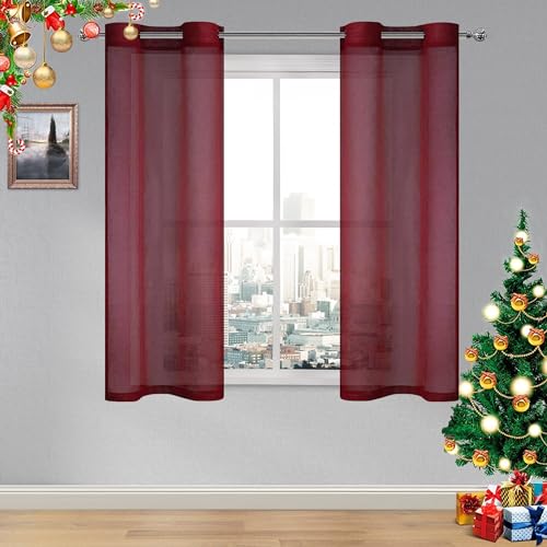 DWCN White Faux Linen Sheer Curtains - Grommet Voile Window Curtain Drapes for Bedroom Living Room 28 x 63 inch Length, Set of 2