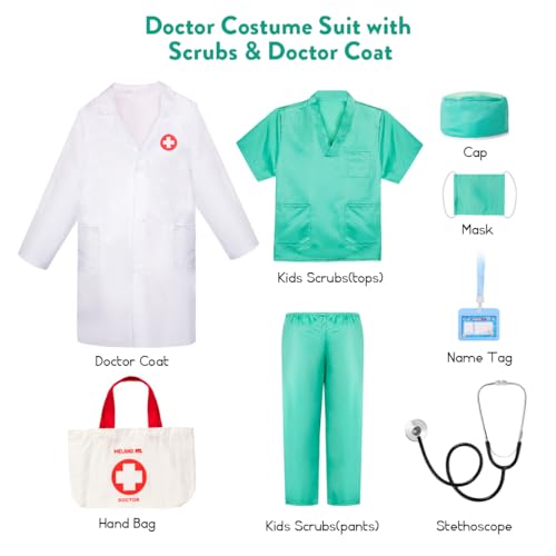Meland Doctor Costume for Kids - Kids Scrubs with Lab Coat & Carry Bag, Doctor Dress Up for Halloween, Career Day Role Play(Green,3-4 Years)