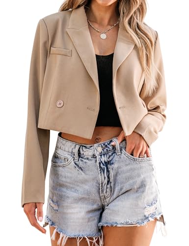 luvamia Cropped Blazers for Women Business Casual Open Front Jackets for Women Fashion Dressy Fashion Jackets for Women Womens Suits for Work Professional Apricot Size X-Small Fits Size 0 / Size 2
