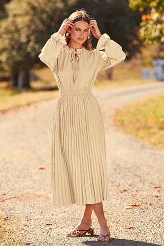 PRETTYGARDEN Spring Fall Dress for Women Elegant Long Sleeve Pom Pom V Neck Pleated Midi Flowy Dresses (Light Green,Medium)