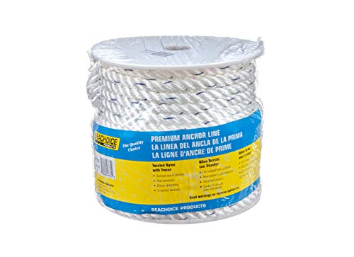 Seachoice Boat Anchor Line Rope, 3-Strand Twisted, Nylon, White/Blue, 1/2 in. X 100 Ft.