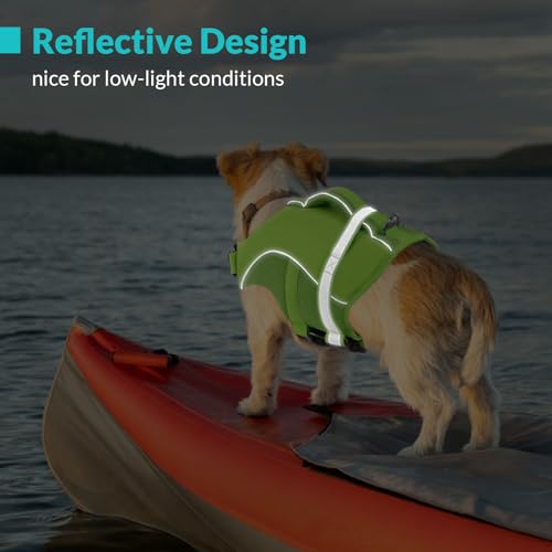 Queenmore Dog Life Jacket, Adjustable Ripstop Dog Life Vest for Swimming Boating, Dog Lifesaver with Superior Buoyancy and Rescue Handle, Dog Swimming Vest for X-Small Dogs(Green,XS)