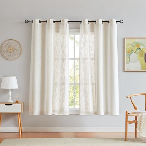 Central Park Beige White Stripe Farmhouse Curtains Semi-Sheer Rayon Blend Heavy Linen Texture Window Curtain Panel 6 Grommets Treatment for Living Room/Bedroom, Set of 2, 44" x 63" Each