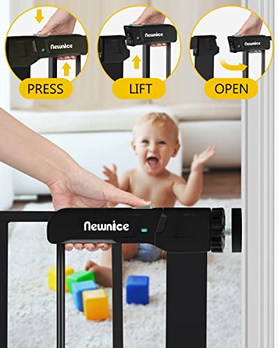 Newnice 26.7-29.5'' Narrow Baby Gate with Cat Door, Auto Close & Easy Walk Thru Dog Pet Gates for Stairs, Doorway, House, Pressure Mounted Safety Child Gate Includes 4 Wall Cups, NO Extensions, Black