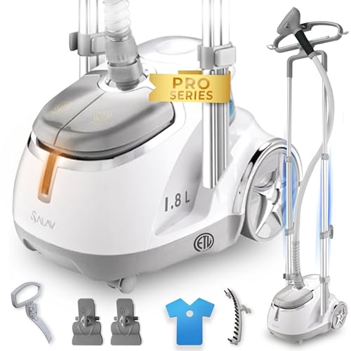 SALAV® Professional Standing Garment Steamer with Retractable Power Cord, Foot Pedal Control, Wheels for Easier Movement (Silver)