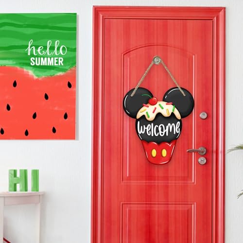 Deroro Welcome 4th of July Kiss Cartoon Mouse Patriotic Front Door Sign, America USA Love Red Blue Wood Door Hanger Outdoor Outside Porch Decor, American Wooden Wreath Indoor Wall Hanging Decoration