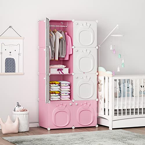MAGINELS Kids Wardrobe Closet,Baby Closet Cabinet with Door.Baby Girls Closet Armoires Organizer for Bedroom.The Open Hanging Children Costume Area and 6 Cube Stroage.Pink(28x14x56inch)