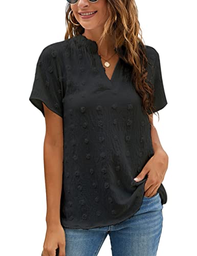 Blooming Jelly Womens White Chiffon Blouses Short Sleeve V Neck Shirts Summer Casual Polka Dot Tops(Small,Black)