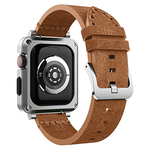 GELISHI Compatible with Apple Watch Case 44mm Men, Metal Rugged Case Bumper Full Protective Cover with Leather Band Replacement Strap for Watch Series 6 SE 5 4, Black