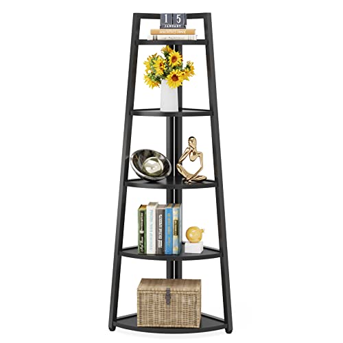 Tribesigns 70 inch Tall Corner Shelf, 5 Tier Modern Corner Bookshelf Bookcase Industrial Corner Ladder Shelf Plant Stand for Living Room, Kitchen, Home Office (Black)