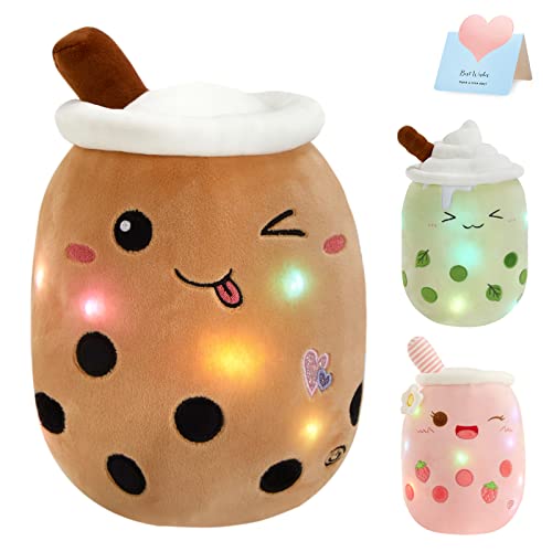 Athoinsu Light Up Boba Milk Tea Plush Pillow,10''Kawaii Chocolate Bubble Stuffed Animal Toy with LED Lights,Birthday Christmas Holiday Valentines Gifts for Kids,Girls,Boys