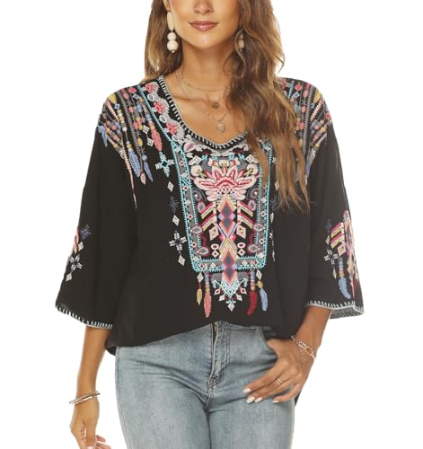 Higustar Mexican Embroidered Tops for Women Traditional Boho Tunics Bohemian Shirts Plus Size Peasant Clothes Blouses Black