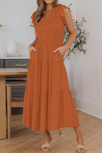ZESICA Women's 2024 Summer Casual Flutter Short Sleeve Crew Neck Smocked Elastic Waist Tiered Midi Dress,Light Khaki,X-Small