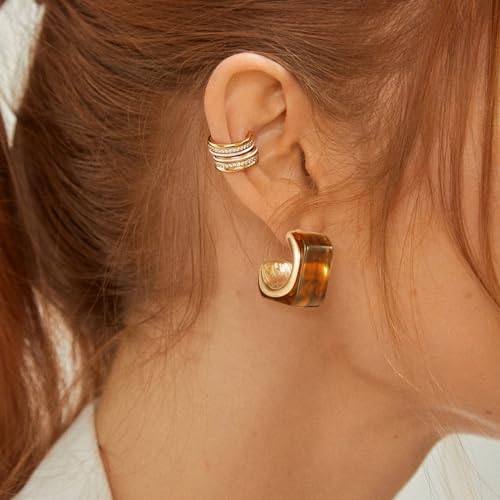 KissYan Acrylic Drop Earrings for Women, 14K Gold Plated Resin Chunky Hoop Earrings, Lightweight Hollow Open Hoops Geometric Square Translucent Hypoallergenic Vintage Fashion Jewelry Gifts (Amber)
