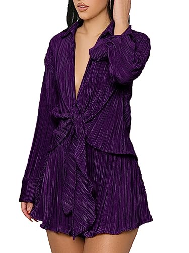 OPOIPIN Women's 2 Pieces Outfits Pleated Deep V Neck Tie Front Long Sleeve Blouse with Shorts Teal Blue Small