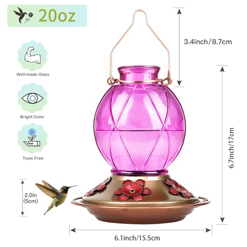 BOLITE Hummingbird Feeder, Glass Hummingbird Feeders for Outdoors Hanging, Hand Blown Glass, Five Feeding Ports with Perch, 20 Ounces, Leak Proof, Red
