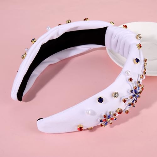 ZOLEAROPY 4 th of July Knotted Headband Celebration American Flag Fireworks Knot Hairband Pearl Rhinestone Jeweled Wide Patriotic Head Band USA Independence Day Headband