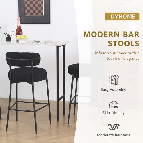 DYHOME Bar Stools Set of 2, 27 Inches Black Boucle Counter Height Bar Stools with Back, Modern Metal Barstools for Kitchen Island
