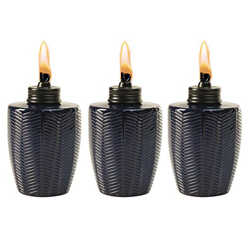 TIKI Brand Glass Table Torch, Decorative Outdoor Torch for Patio, Lawn, and Backyard, Herringbone Blue 3-Pack 5.75 Inch, 1118114