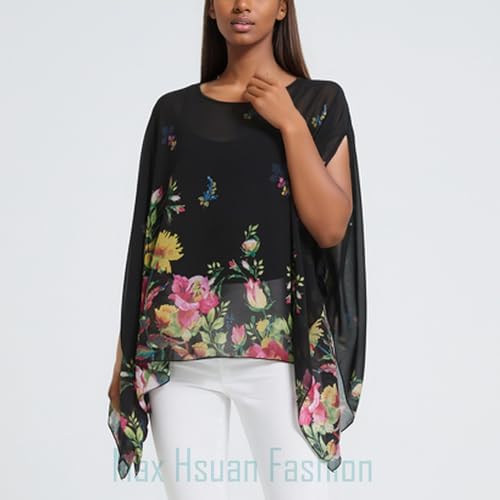 Max Hsuan Women's Loose Solid Sheer Chiffon Caftan Poncho Batwing Tunic Top Blouse Summer Oversized Shirts Floral White
