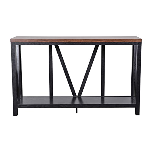 BizChair Farmhouse 2-Tier Console Table - Black Finish Engineered Wood Frame - Walnut Finish Tabletop - for Entryway or Living Room