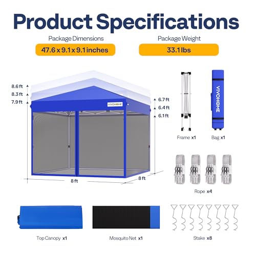 VIVOHOME 8x8ft Easy Pop-Up Screen Tent, Outdoor Canopy Tent Mosquito Netting, 2 Zipper Doors, and Roller Bag for Yard Camping Picnic Party Events, Blue