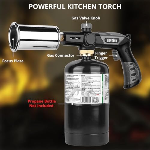 Sondiko Powerful Grill & Cooking Propane Torch L8010, Sous Vide, Campfire Starter, Adjustable Wood Torch Burner for Searing Steak, BBQ, Welding(Black, Grey) Propane Tank Not Included