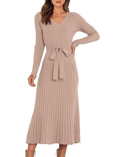 ANRABESS Women Long Sleeve V Neck A-line Tie Waist Slim Fit Ribbed Knit Bodycon Midi Sweater Dress 2024 Fall Trendy Outfits Wine Red Medium