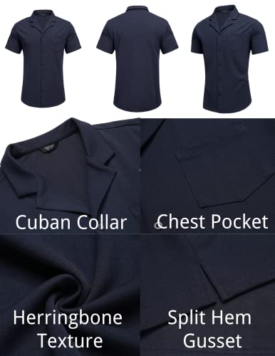 COOFANDY Mens Untucked Short Sleeve Button Up Shirt Wrinkle-Free Business Casual Dress Shirts Stretch Slim Fit Tops Blue