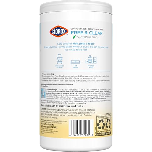 Clorox Free & Clear Compostable Cleaning Wipes, Light Lemon Scent, 75 Count, Pack of 3 (Pack May Vary)