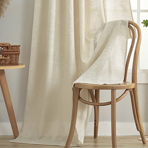 VOILYBIRD Linen Semi Sheer Curtains Tab Top Light Filtering Elegant Curtains & Drapes for Living Room 52 x 63 Inch Length, Set of 2 Panels, Beige