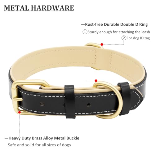 HSIGIO Leather Dog Collar for Small Medium and Large Dogs, Soft Padded Dog Leather Collar with Gold Buckle, Adjustable Genuine Leather Collars for Small Dogs(Black, S)