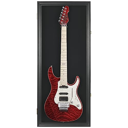 DisplayGifts 42" Electric Guitar Display Case Cabinet Shadow Box with Guitar Hanger Stand, Lockable UV Protection Black Felt Interior with Black Frame