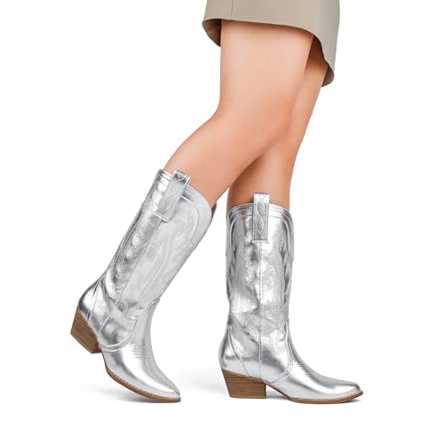 Zzheels Women's Cowboy Boots Embroidered Western Cowgirl Boots Pointed Toe Chunky Heel Mid Calf Cowgirl Boots White US11