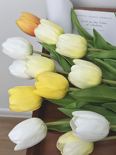 Mythlty Set of 12 Pale Yellow Tulips Artificial Flowers Real Touch Realistic Long Stems Tulips Flowers 20 Inches That Look Real for Indoor Home Office Wedding Bridal Shower Decor (Light Yellow)