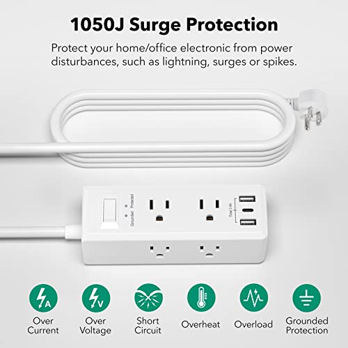 BN-LINK Surge Protector Power Strip with 6 Outlets 2 USB-A 1 USB-C(Total 3.4A), 3-Side Outlet Extender Strip with 5 Ft Extension Cord, Flat Plug, Desktop Charging Station for Travel, Home, Office, 15A