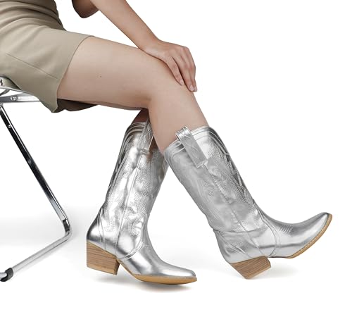 Zzheels Women's Cowboy Boots Embroidered Western Cowgirl Boots Pointed Toe Chunky Heel Mid Calf Cowgirl Boots White US11