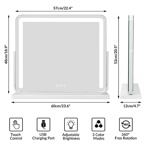 WAYKING Vanity Mirror with Lights, Makeup Mirror with Dimmiable 3 Lighting Modes LED Strip, Wall-Mounted and Tabletop Mirror with USB Charging Port (L22.83 x H17.32 inch)