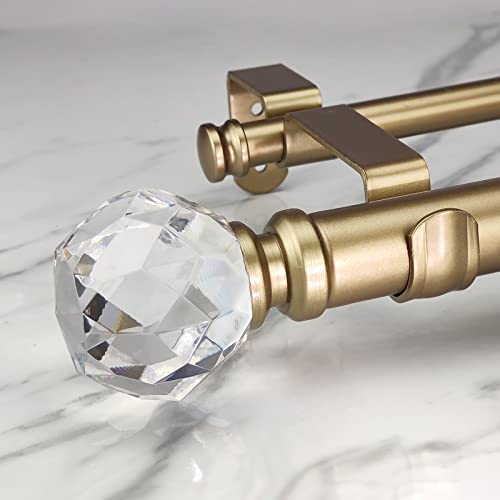 ILAISIHOME Double Curtain Rod Set:1-1/8 Inch Diameter Luxury Gold Curtain Rods,36-72 Inch Adjustable Gold Drapery Rod with Crystal-clear Faceted Finials for 1 Pack