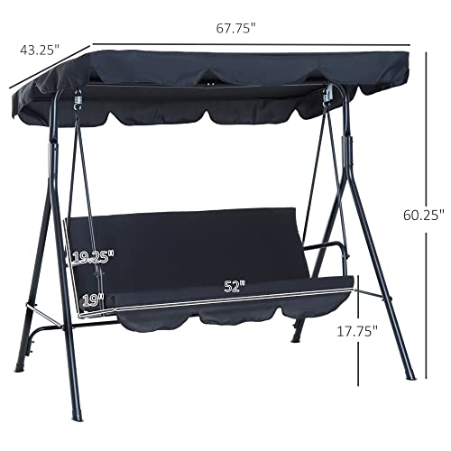 Outsunny 3-Seat Outdoor Patio Swing Chair with Removable Cushion, Steel Frame Stand and Adjustable Tilt Canopy for Patio, Garden, Poolside, Balcony, Backyard, Black