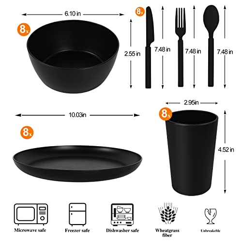 afcevnlb 48-Piece Plastic Wheat Straw Dinnerware Sets Plates and Bowls Sets for 8 Lightweight Bowls Unbreakable Dish Set Dishwasher Microwave Safe Suitable for Camping Party Grill(Black)