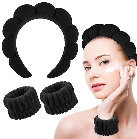 Generic spa headband for women and girls. Bubble skin care headband, makeup hair band set with wristbands, and a fluffy hair claw for face cleaning. (Black)
