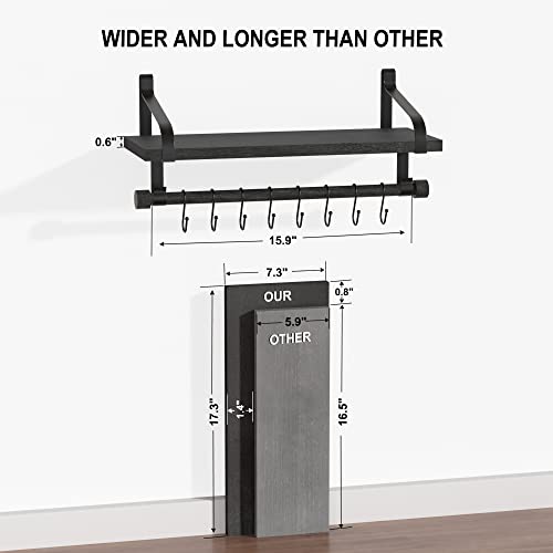 Love-KANKEI Floating Shelves for Coffee Bar,Bathroom Shelves with Towel Bar, Wall Shelves with 8 Hooks for Kitchen, Storage Shelf Set of 2 for Bedroom,Living Room,17.3 Inch Black