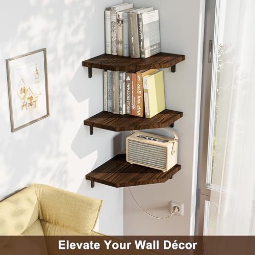 Alsonerbay Corner Shelf Wall Mount, Set of 3 Floating Corner Shelves with Cord Hole, Rustic Wood Shelves for TV, Speaker, Cable Box, Game Console for Bedroom, Kitchen, Living Room Carbonized Black