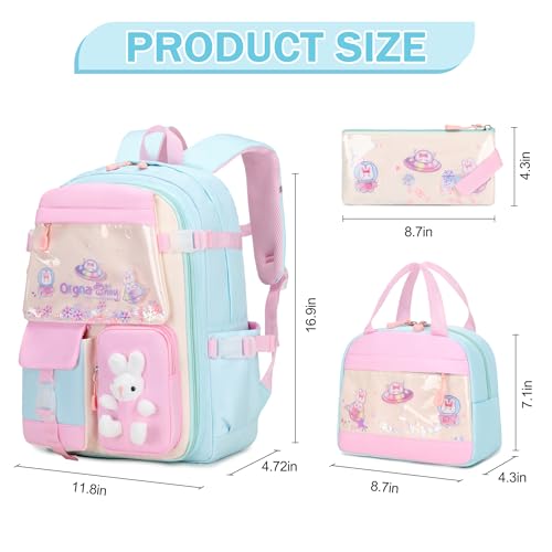 FIXITOK Girls Backpack Set, 3PCS Kids Backpack for Girls, Kawaii Bunny School Backpacks for Girls Kindergarten Elementary Preschool Middle School Bags with Lunch Box Pencil Case Aquamarine