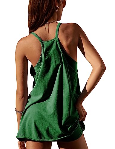 VATEAMI Women Sleeveless Athletic Dress Mini Dress Spaghetti Strap Sundress with Shorts (ArmyGreen-XXL)