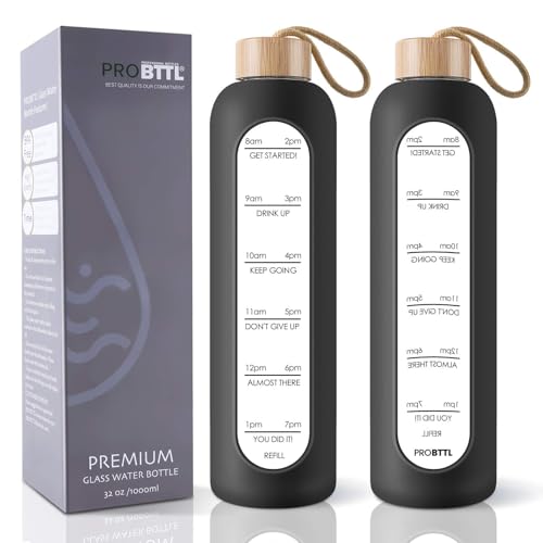 PROBTTL 25 oz Glass Water Bottles - Time Marker Motivational Borosilicate Glass Water Bottle With Silicone Sleeve and Bamboo Lid, Leak Proof, Reusable, BPA Free (Black)