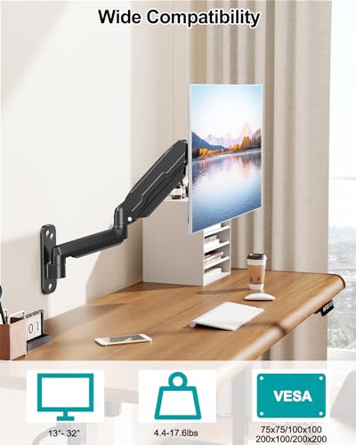 MOUNT PRO Single Monitor Wall Mount for 13 to 32 Inch Computer Screens, Gas Spring Arm Holds Up to 17.6lbs, Full Motion Adjustable,VESA Mount 75x75, 100x100,Black