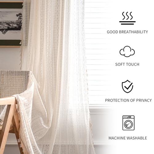 TOPSMCHER Boho Curtains 63 Inches Filtering Curtains for Bedroom Farmhouse Rustic Cotton Linen Curtains with Embroidery for Living Room Rod Pocket Bohemian Curtains,Blue
