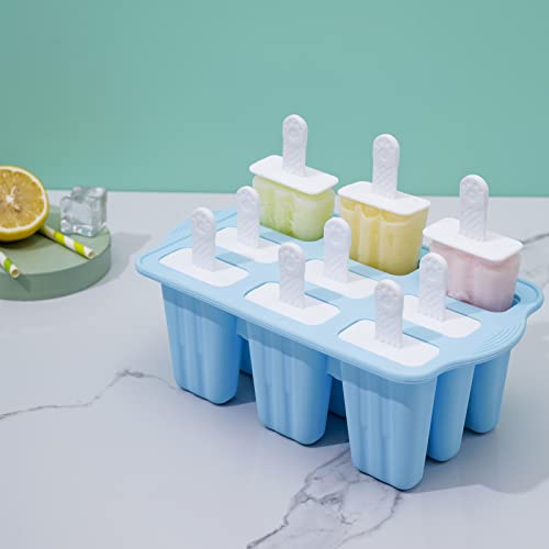 Popsicle Molds, 9 Pieces Silicone Ice Pop Molds Popsicle Mold Silicone BPA Free Reusable Sticks Easy Release Ice Pop Make (Blue, 9 CavitIES)